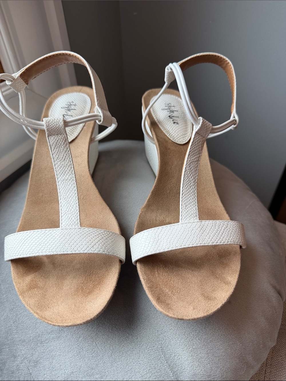 Style & Co. White T-Strap Wedge Sandals
